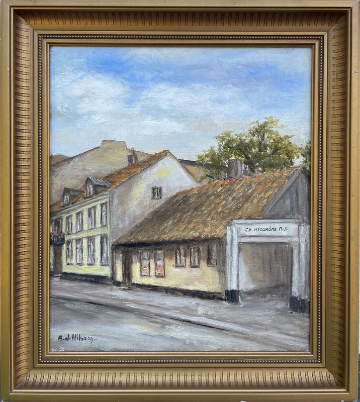 Ölbild Impressionist Häuseransicht Straße in Helsingborg Schweden