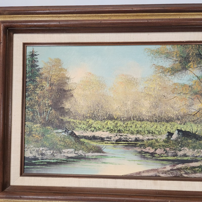 Beautiful Oil On Canvas Landscape Painting Dabbing Stream Signed By Brown gallery