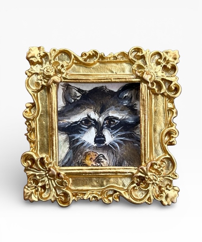 TEENY MINI • Raccoon with a Cookie watercolor animal print in TINY ornate frame