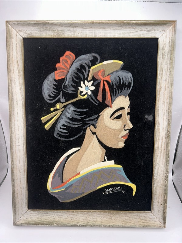Vintage MCM Velvet Geisha 10”x13” Framed Painting 60s 70s