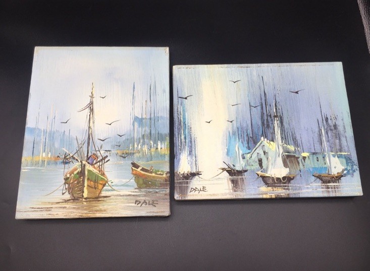 2 Vintage boats in the harbor nautical oil painting Wall Pictures signed Dale