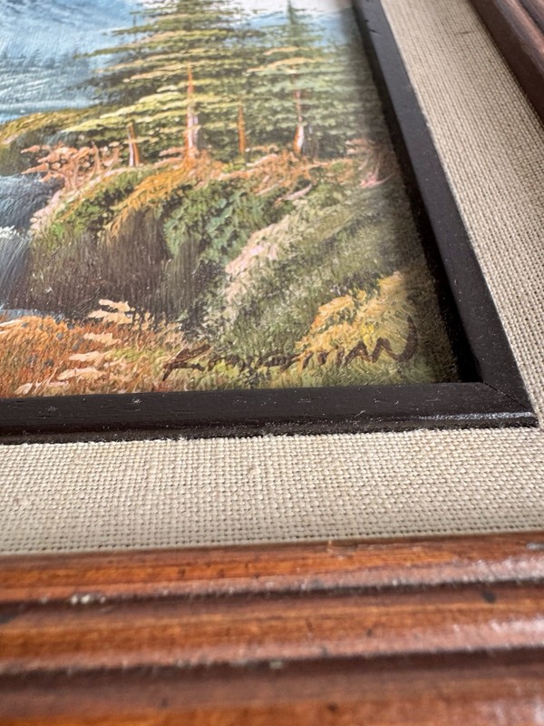 Vtg Kingman Framed Oil Painting Mountains Waterfall Cabin 13x15” Bob Ross Style gallery