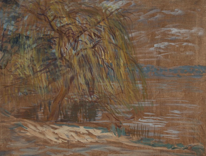 Willow Lake Landscape Unknown North German Mixed Media Canvas 1920s