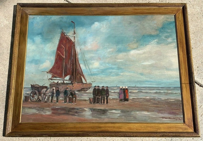 Early 20th c. Dutch Seascape Sailing Boat Impressionist Oil on Hardboard. Signed
