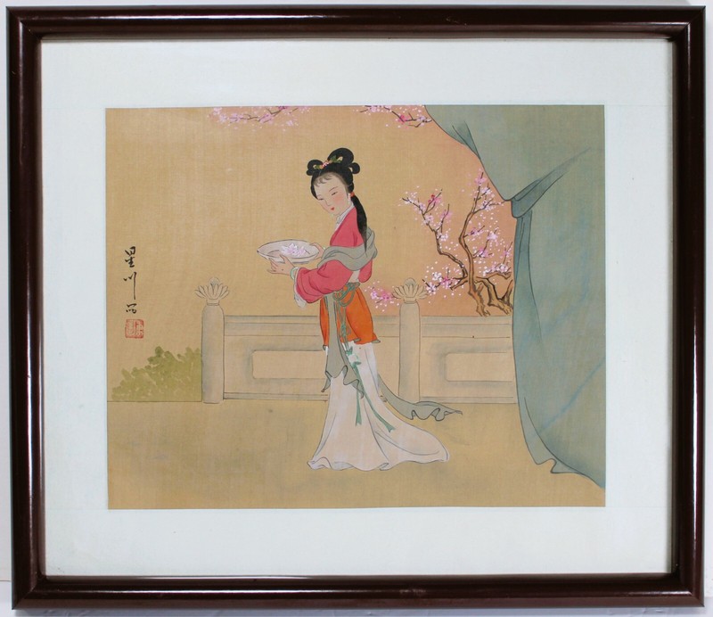 VINTAGE ORIGINAL CHINESE PAINTING ON SILK SIGNED WOMAN IN A GARDEN