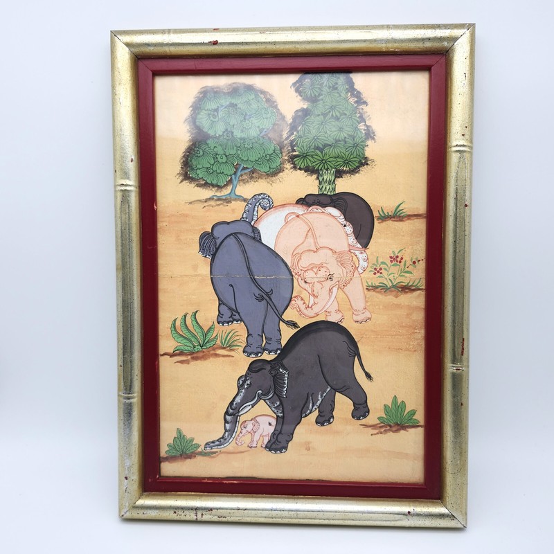 Thai Elephants Art Manuscript Painting Framed Old Text Writing
