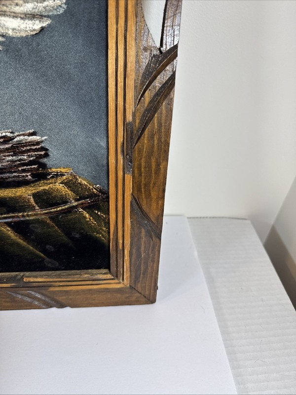 Vintage Black Velvet Painting Native American & Bald Eagle In Wood Frame gallery