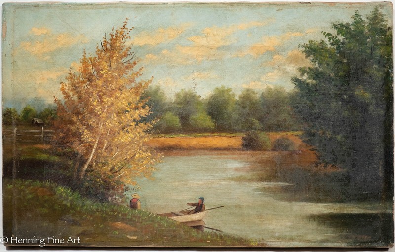 Beautiful Antique Oil Painting American Country Landscape Farm Lake with Figures