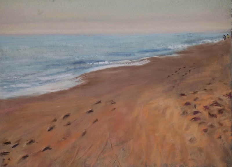 FOOTSTEPS ON DEWEY BEACH – JAN PONDER – Orig PASTEL PAINTING Paper – Landscape