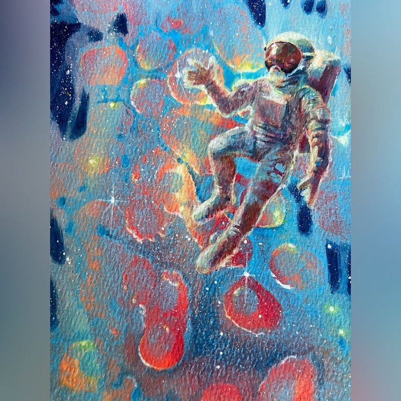 Original UFO Painting Astronaut galaxy art space artwork UAP Ooak Artettina USA