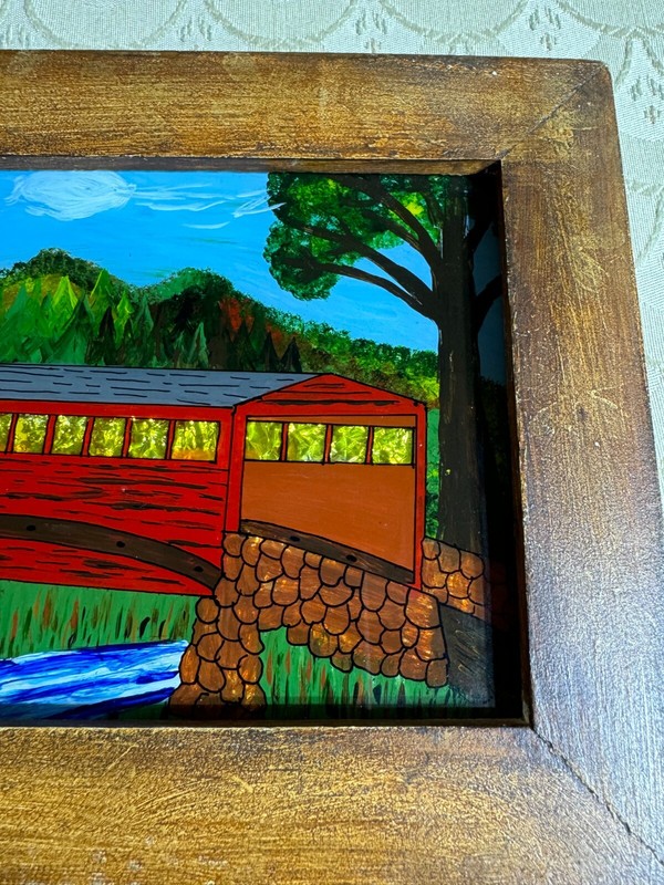David W Gottshall (1942 - 2016) Folk Art Reverse Oil Foil Art "Covered Bridge" gallery