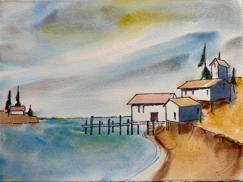 Vintage Unknown Artist Landscape Watercolor Painting on Paper Beachfront Home