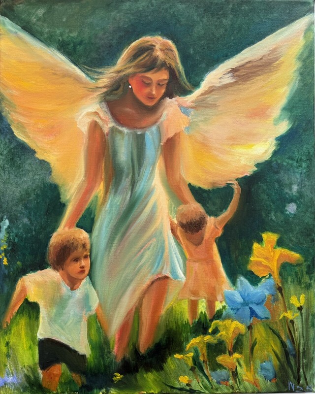 Guardian Angel, Original painting oil,16x20in, Christian Religious Spiritual Art