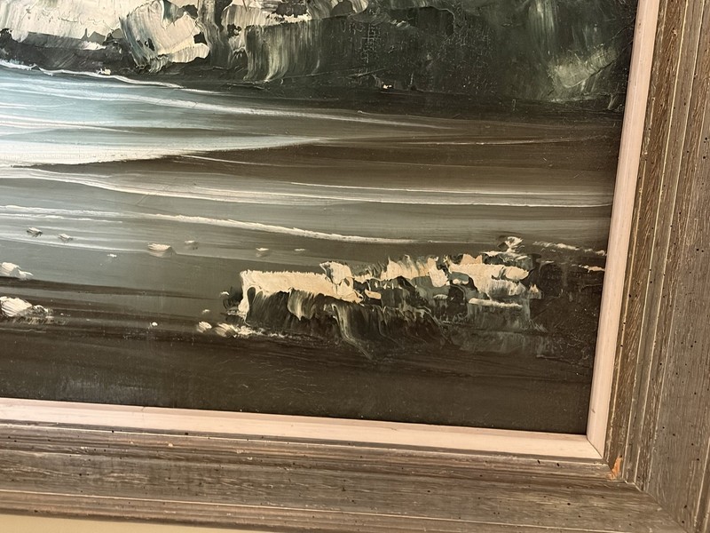 Original OOAK Signed Winslow Canvas Oil Painting Lighthouse Seascape Cliff 24” gallery