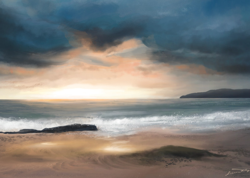 ACEO PRINT Stormy Cloudy Ocean Coast Landscape Sunset Dusk Oil Painting 3.5×2.5