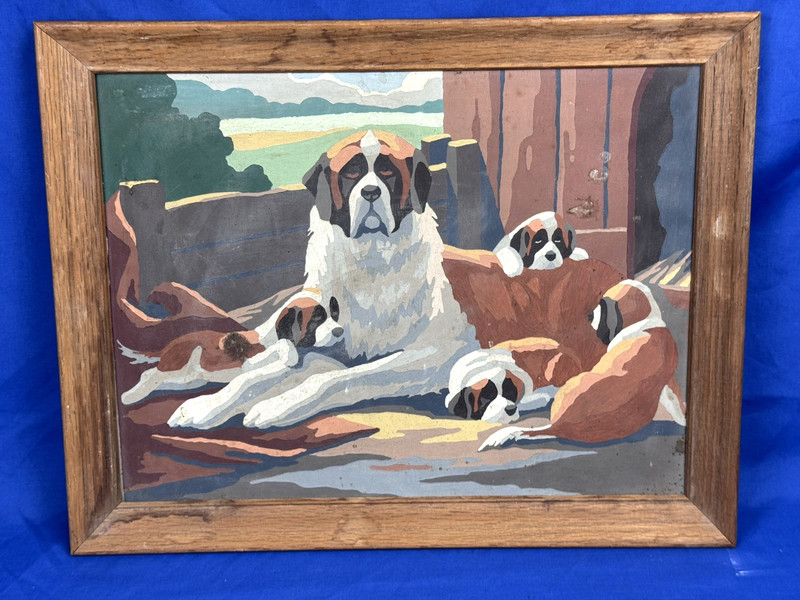 C.1965 Paint by Numbers ST. BERNARD & PUPS ~ 16″ x 12″ w/o Frame