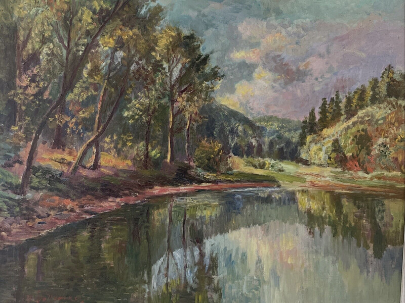 Antique Impressionist Painting 36x30" Colorful Art Deco Landscape signed gallery