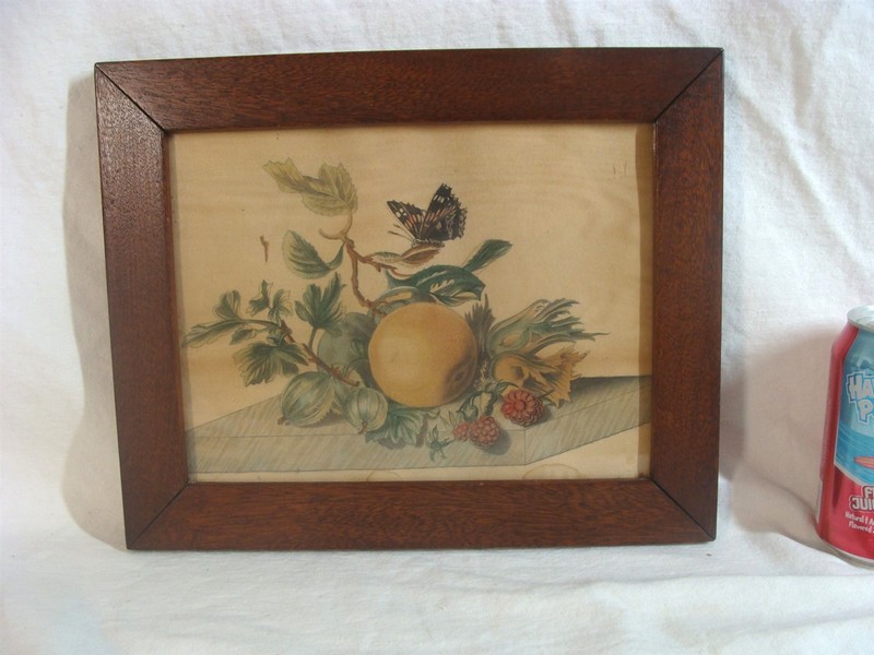 Antique 1840’s Folk Art Theorem Basket of Fruit Butterfly W/C Painting