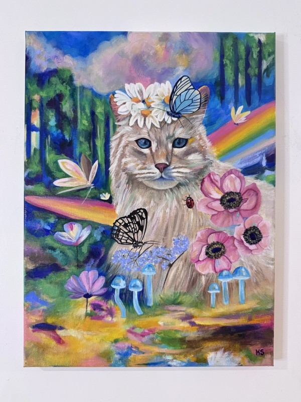 “Woodland Fairy” Original Art Painting | 12×16 | Cat Flower Mushroom Fairy