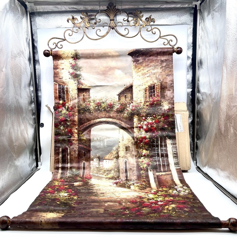 Wrought Iron Topper Italian Archway To The Sea Hand-Painted Canvas 26″ X 47” NIB