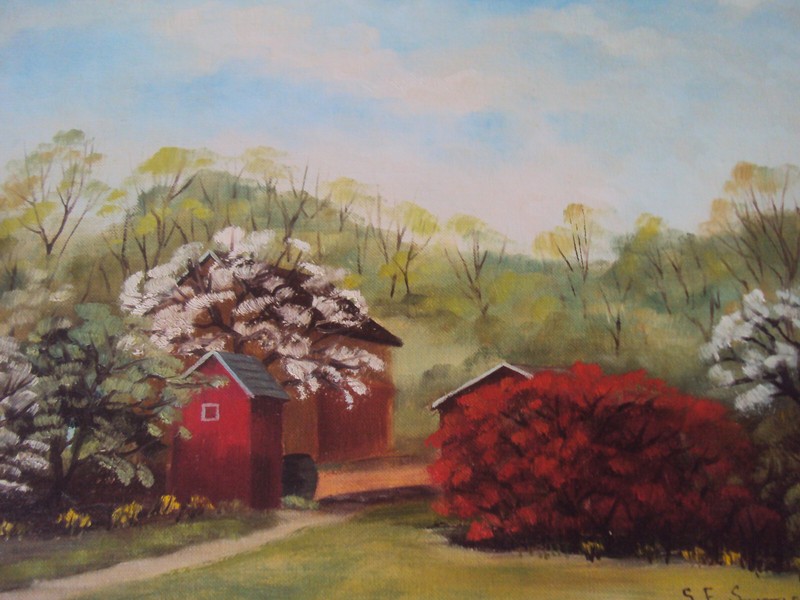 1962 Sara E Swartley Bucks County Oil 12 x 16 Spring Landscape Sellersville PA gallery