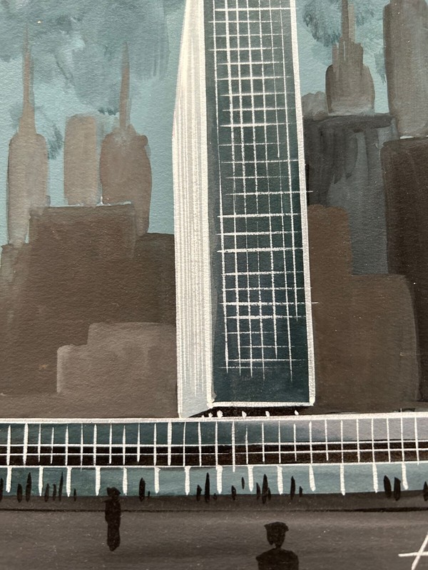 Midcentury Modern Art, architectural rendering, 5 x 7 1/4", original painting gallery