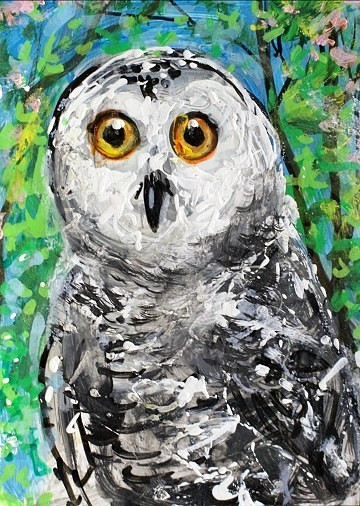 ORIGINAL ACEO PAINTING Snowy OWL BIRD Spring Flowers White Animal Nature ATC ART