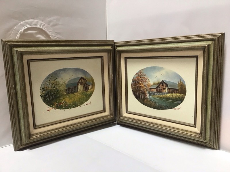 Vtg Oil Paintings Scenic Country Landscape Barn In Meadow & Mill On Lake Signed