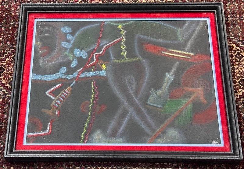 ARLETTE POLAND Modern Art CALIFORNIA ARTIST OIL PASTEL ULTRAVIOLET GLASS FRAMED