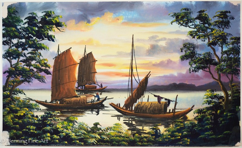 Beautiful Vintage Mid Century South East Asian Junk Boats Landscape Painting 9