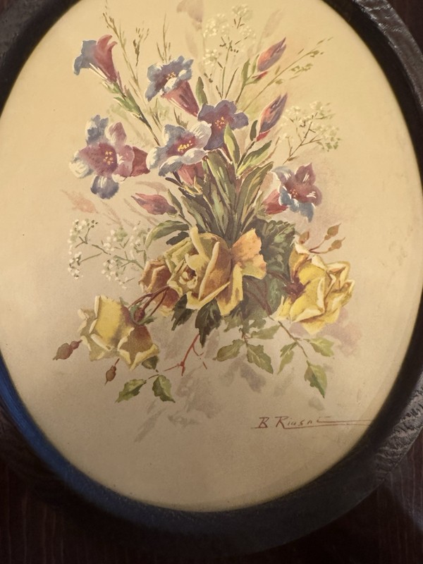 Vintage B. Riasni Floral Lithograph Print Oval Wood Frame Mid-Century 1960s No G gallery