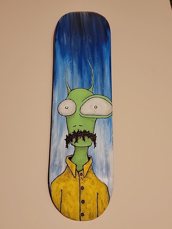 Original Acrylic Painting On Skate Deck 2021 Alien W/ A Mustache By Travis T.