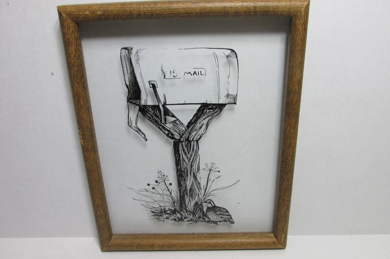 WOOD FRAMED 8-3/4″ x 11″ RURAL MAILBOX PAINTED on CLEAR GLASS PICTURE