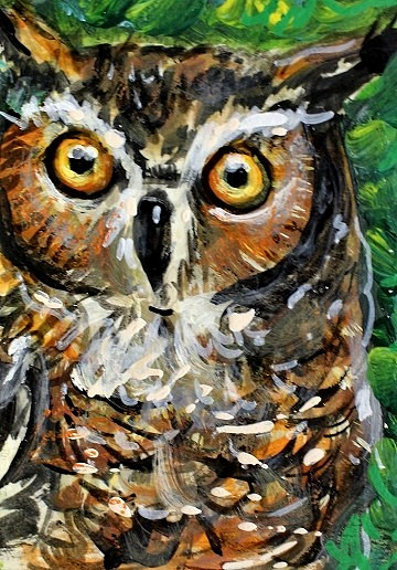ORIGINAL ACEO PAINTING Great Horned OWL Summer BIRD Animal Tree Nature ATC ART
