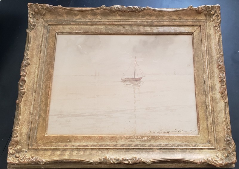 JOSEPH A. ATCHISON (1895-1967) AMERICAN SIGNED W/C WATERCOLOR SAILBOATS CALM BAY
