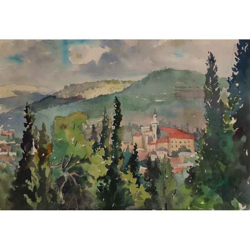 ORIGINAL Art Watercolour Landscape Jerusalem Monastery 10.2×15″ Tatiana Ilitzky