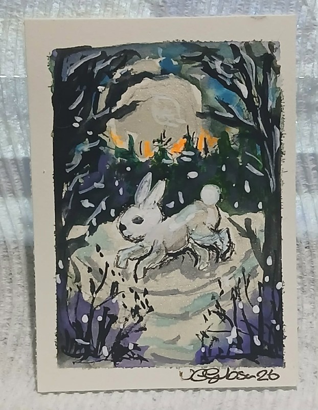 OOAK ACEO – Rabbit at Half‑Moon Rise – Loose Watercolor & Scribble Art