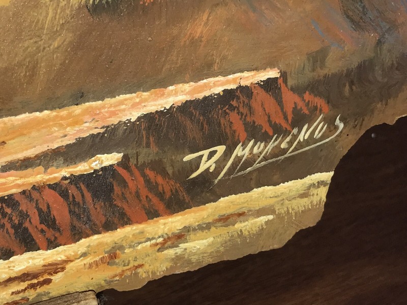 VINTAGE SOUTHWESTERN SCENE HAND PAINTED ROCK ART MARBLE ONYX SANDSTONE SIGNED gallery