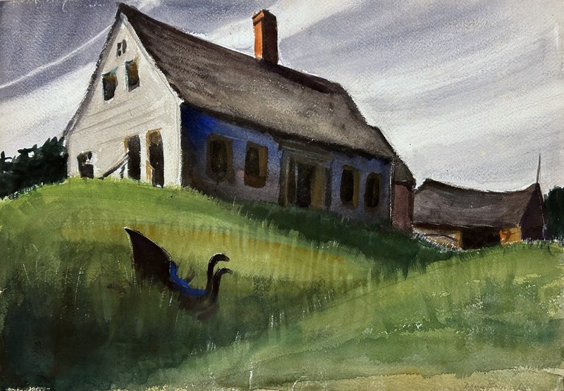 20th c AMERICAN MODERNIST RURAL NEW YORK HOUSE LANDSCAPE PAINTING Doris Reynolds