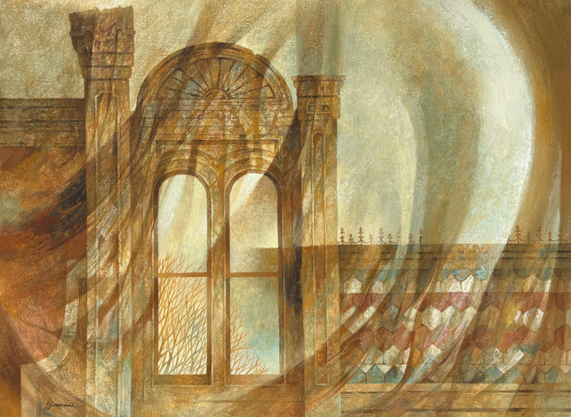 Reflections from a Windswept City Building Casein Painting-1970s-William Gorman gallery