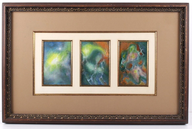 Mid Century Abstract Three Panel Oil Painting On Board Unsigned Mystery Artist