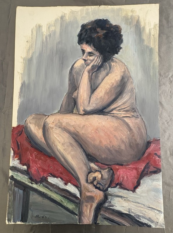 1964 Jean Perret. Female Nude. Original Oil on Heavy Paper. French School. gallery