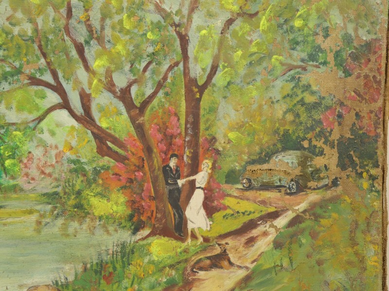 Vintage Romantic Couple Lake Landscape Scene Oil Painting on Canvas Original Art
