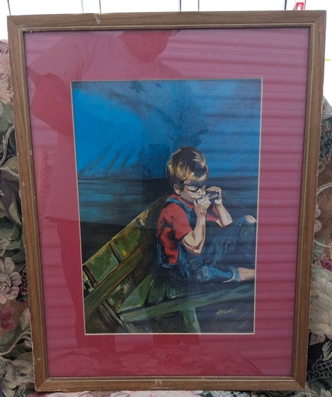 Acrylic On Board Boy In Boat By Drinon Framed 16″ X. 21″
