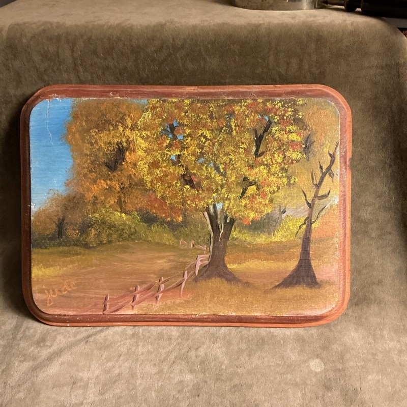Circa 1970S Slab Art/wood Plaqie Hand painted by JUDI autumn tree scene