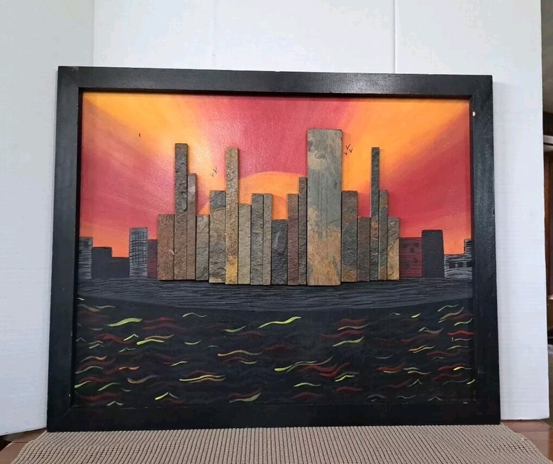 Vintage Original Acrylic On Wood Panel Wooden Block Cityscape MCM OOAK 20 x 25