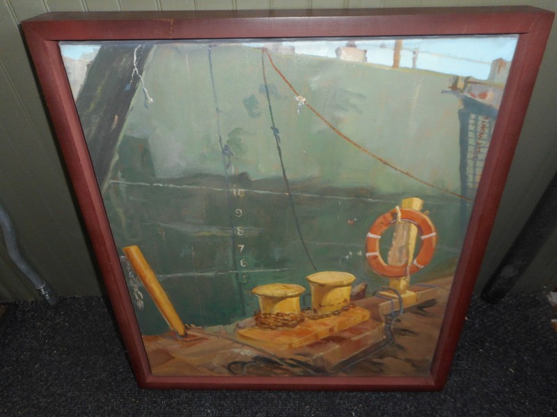 Signed Billy Montella Jr O/C Oil Painting Quonset Point Ship Framed RI Artist
