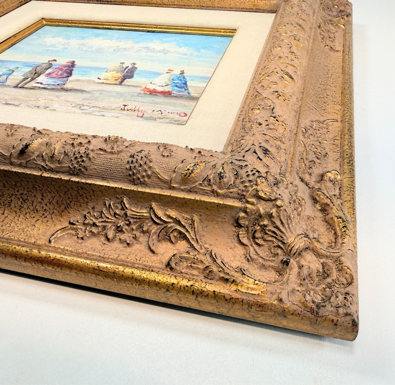 Signed Tully Mimo Beach Scene Oil Painting Ornate Gold Frame Coastal Victorian gallery