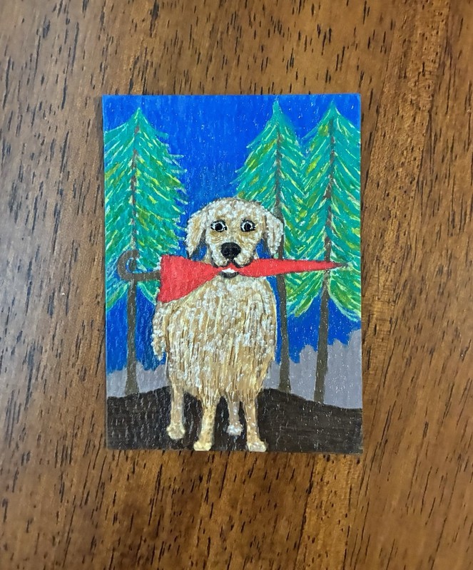 ACEO Original Dog Acrylic Painting 2.5 x 3.5”. ~ Rainy Day Fetch