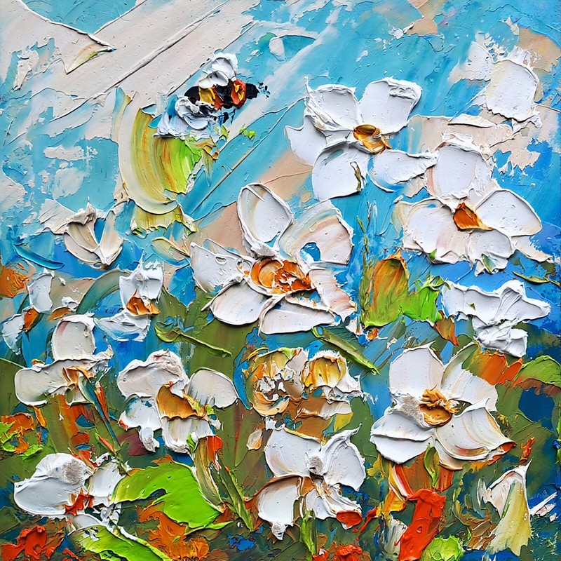 Daisy Painting Bee Oil Painting Flower Original Wall Art Meadow Wall Art